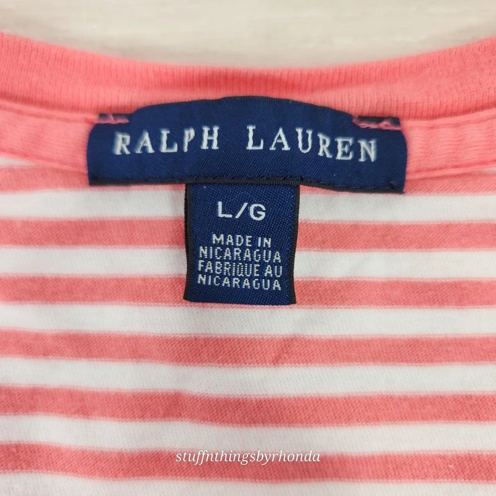 Ralph Lauren Girls/Youth Large Tshirt Stripe Raspberry Pink White‎ Short Sleeve